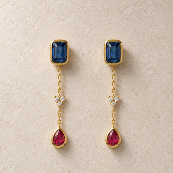 PENDIENTES LARGOS ZAFIROS RUBIES Y CIRCONITAS