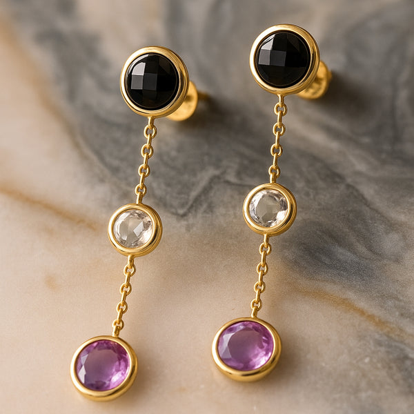 PENDIENTES LARGOS CON TOPACIO LONDON BLUE, TOPACIO AZUL Y AMATISTA NIKOL