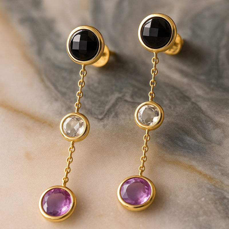 PENDIENTES LARGOS CON TOPACIO LONDON BLUE, TOPACIO AZUL Y AMATISTA NIKOL