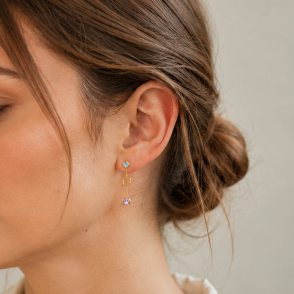 PENDIENTES LARGOS CON TOPACIO AZUL Y AMATISTA LILIAN