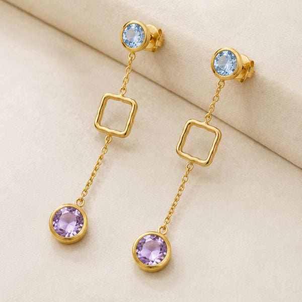 PENDIENTES LARGOS CON TOPACIO AZUL Y AMATISTA LILIAN