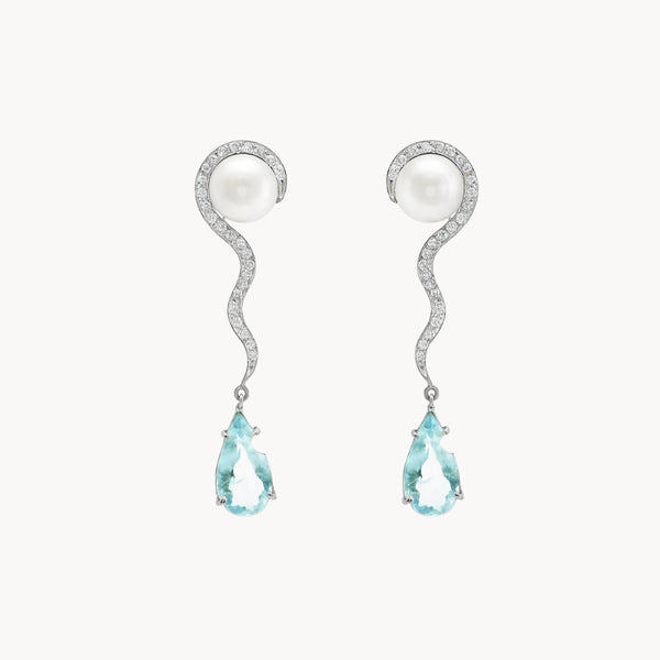 PENDIENTES LARGOS CON AGUAMARINA, CIRCONITAS Y PERLA DANAE