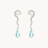 PENDIENTES LARGOS CON AGUAMARINA, CIRCONITAS Y PERLA DANAE