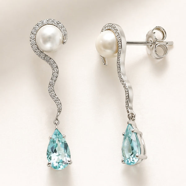 PENDIENTES LARGOS CON AGUAMARINA, CIRCONITAS Y PERLA DANAE