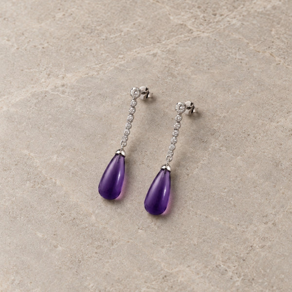 PENDIENTES LARGOS COMO DIAMANTES Y AMASTISTA TALLA CABUJON