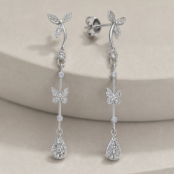 PENDIENTES LARGOS HOJAS Y MARIPOSAS CON DIAMANTES DORIT