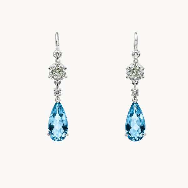 PENDIENTES LARGOS CON AGUAMARINA PERILLA Y DIAMANTES