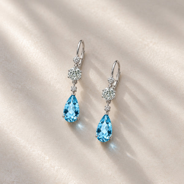 PENDIENTES LARGOS CON AGUAMARINA PERILLA Y DIAMANTES