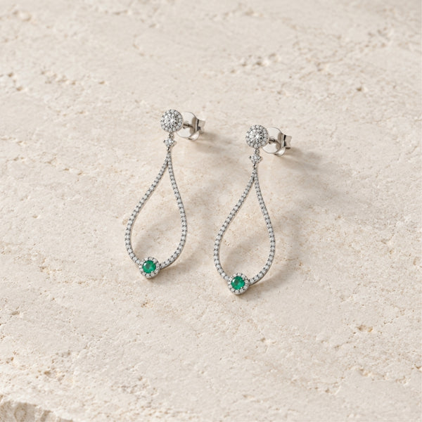 BRINCOS DE GOTAS ABERTAS COM DIAMANTES E ESMERALDA