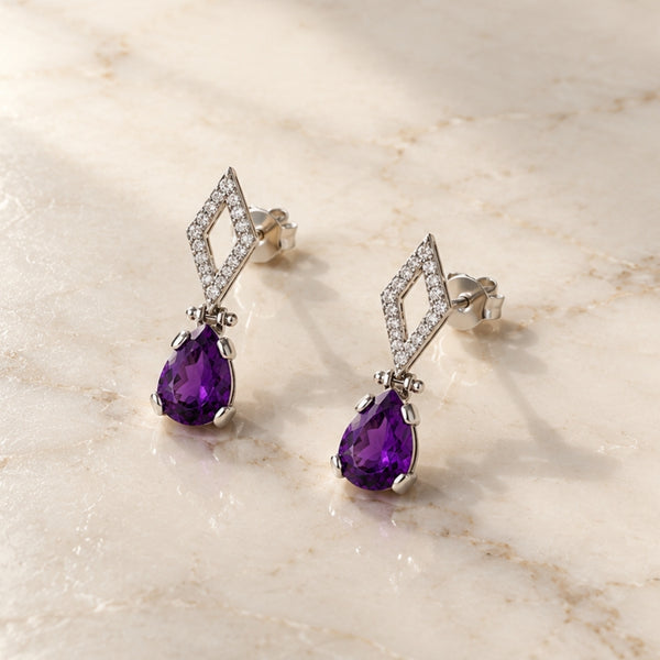PENDIENTES ROMBOS CON AMATISTA Y DIAMANTES