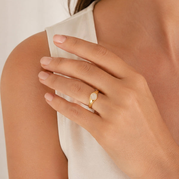 Two-tone signet ring with pavé cubic zirconia stones
