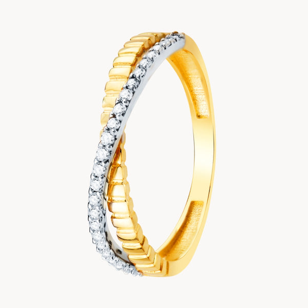 Two-tone crossover ring with cubic zirconia stones