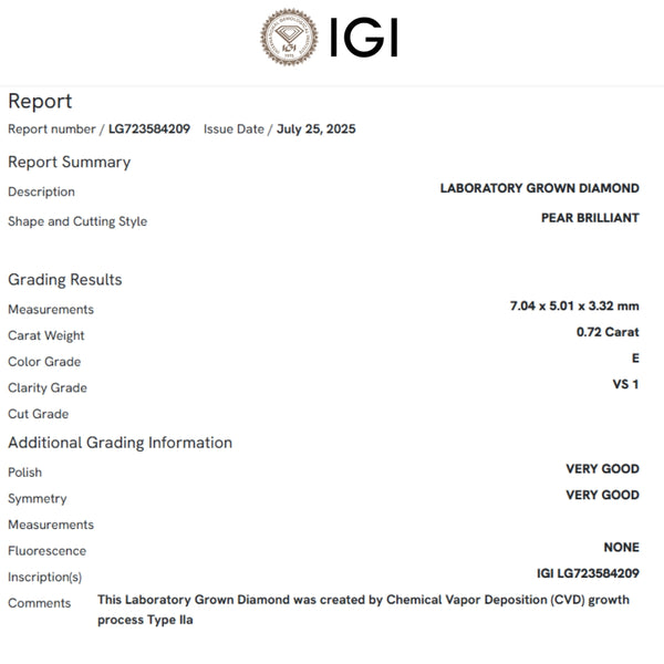 COLGANTE DIAMANTE CREADO 0.72 QUILATES PERILLA CERTIFICADO IGI