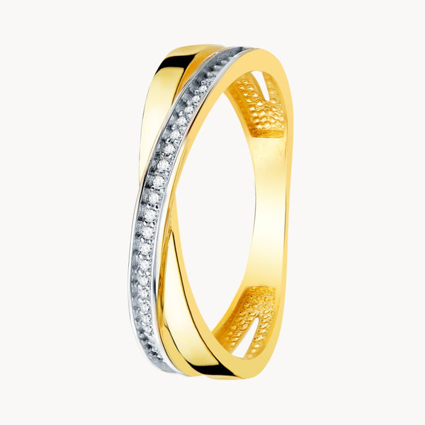 Two-tone crisscross ring, plain and with cubic zirconia stones
