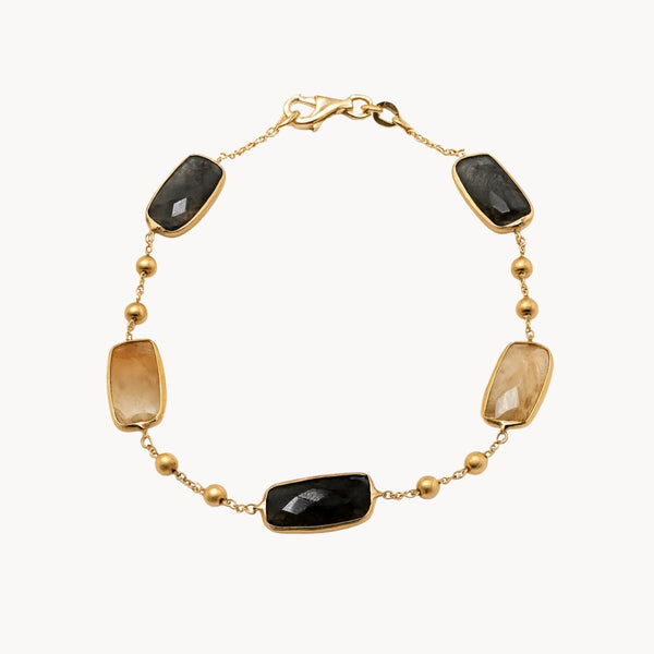 PULSERA CON CUARZOS RUTILADOS Y BOLAS ORO SATINADO