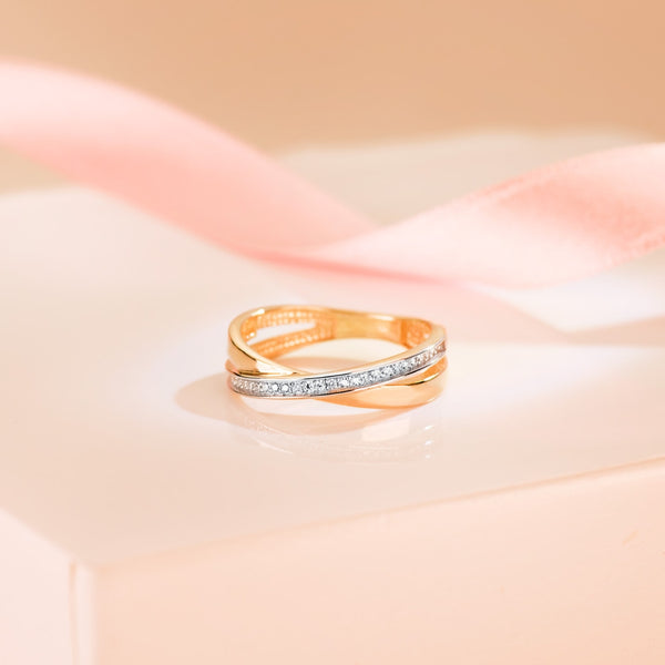 Two-tone crisscross ring, plain and with cubic zirconia stones