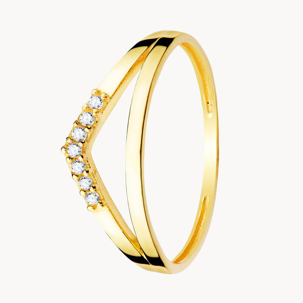 Double peak-shaped ring with cubic zirconia stones