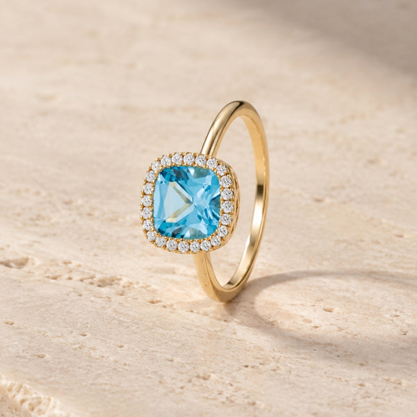 ANILLO TOPACIO AZUL TALLA CUSHION CON DIAMANTES