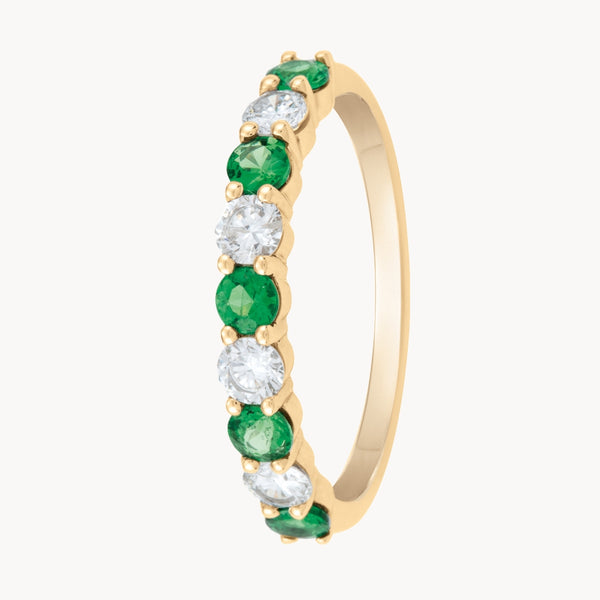 ANILLO MEDIA ALIANZA CARRIL ESMERALDAS 3MM Y DIAMANTES