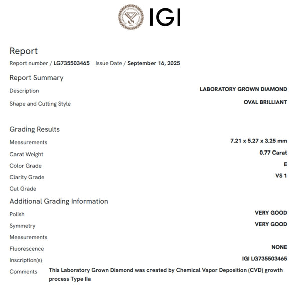 ANILLO SOLITARIO DIAMANTE CREADO 0.77 QUILATES CERTIFICADO IGI