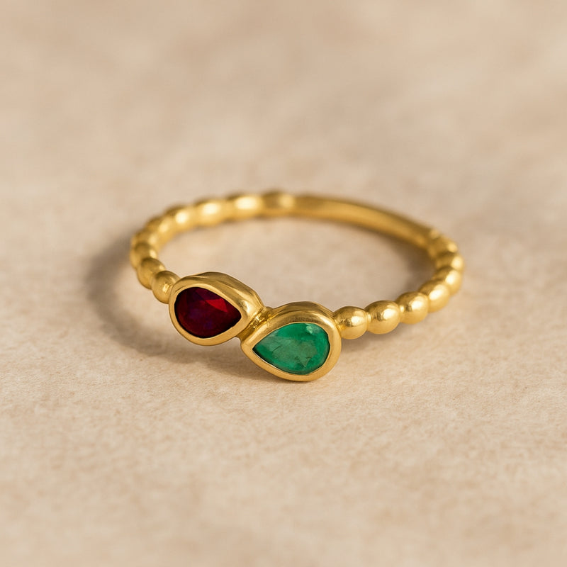 ANILLO BOLAS RUBI Y ESMERALDA SILA