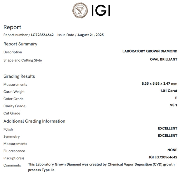 ANILLO SOLITARIO DIAMANTE CREADO 1.010 QUILATES CERTIFICADO IGI