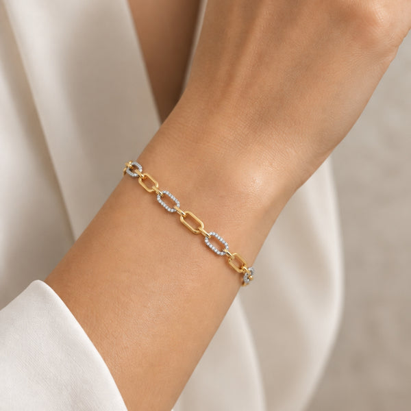 PULSERA ESLABONES PLANOS BICOLOR CON CIRCONITAS