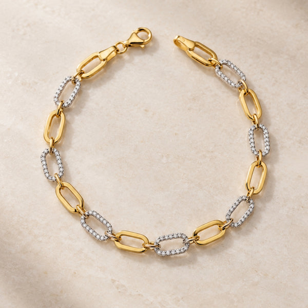 PULSERA ESLABONES PLANOS BICOLOR CON CIRCONITAS