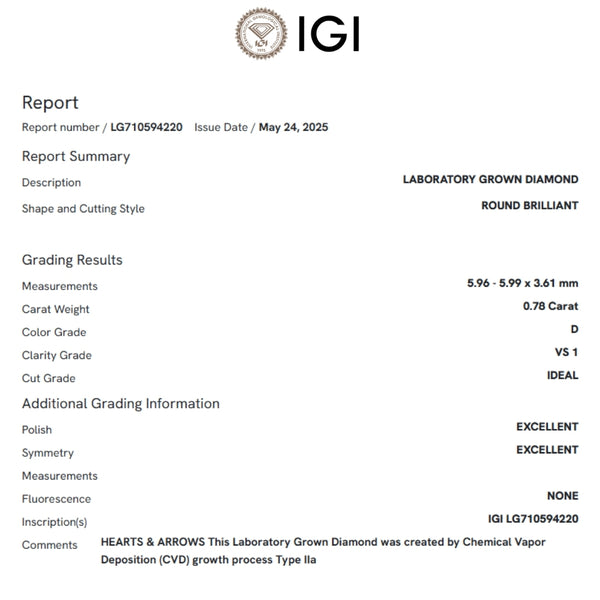 ANILLO SOLITARIO DIAMANTE CREADO 0.78 QUILATES CERTIFICADO IGI