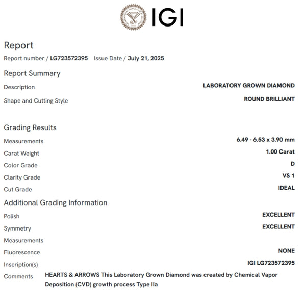 ANILLO SOLITARIO DIAMANTE CREADO 1 QUILATE CERTIFICADO IGI