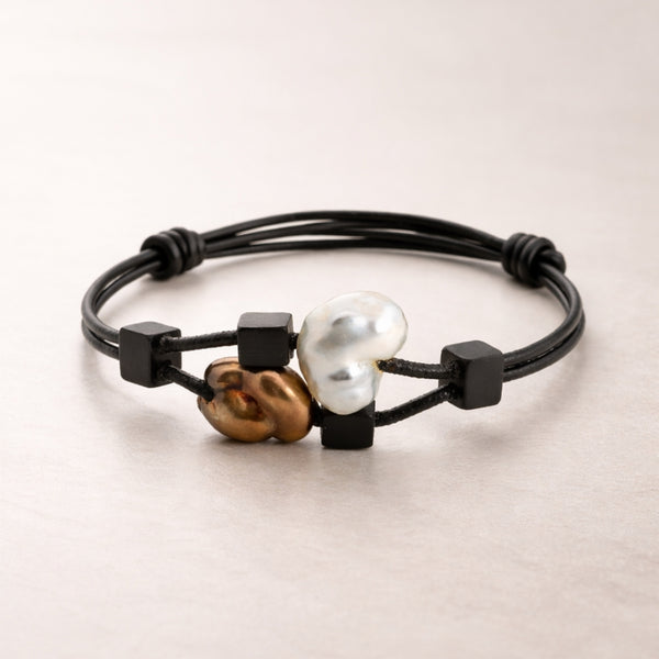 PULSERA CUERO CON EBANO Y PERLA