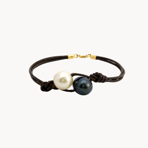 PULSERA CUERO CON PERLA CHOCOLATE Y AUSTRALIANA