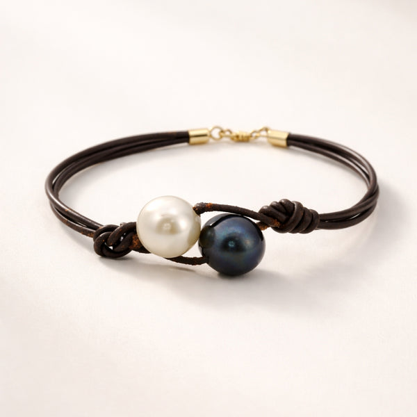 PULSERA CUERO CON PERLA CHOCOLATE Y AUSTRALIANA