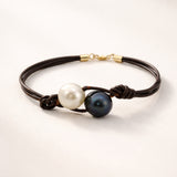 PULSERA CUERO CON PERLA CHOCOLATE Y AUSTRALIANA