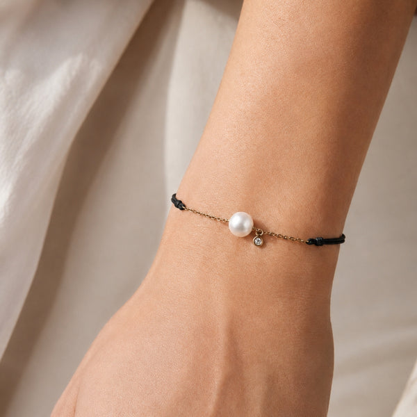 PULSERA MACRAME NEGRO CADENA CON DIAMANTE Y PERLA