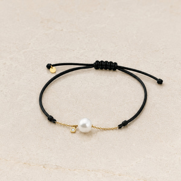 PULSERA MACRAME NEGRO CADENA CON DIAMANTE Y PERLA