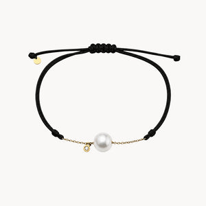 PULSEIRA MACRAMÉ PRETA COM CORRENTE, DIAMANTE E PÉROLA