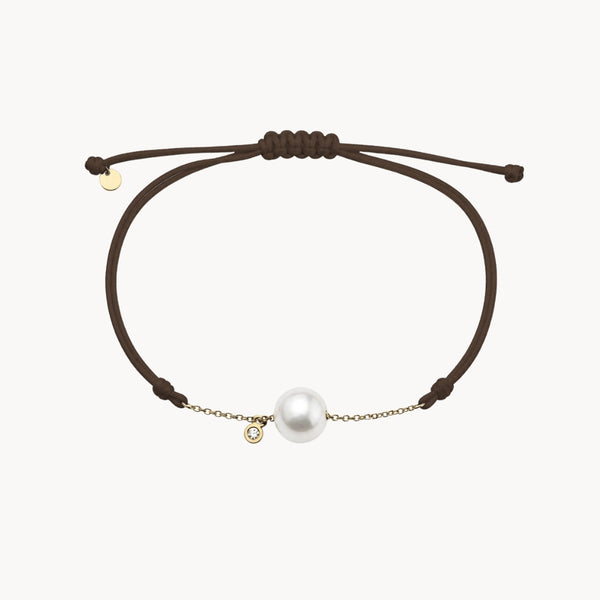 PULSERA MACRAME MARRON CADENA CON DIAMANTE Y PERLA