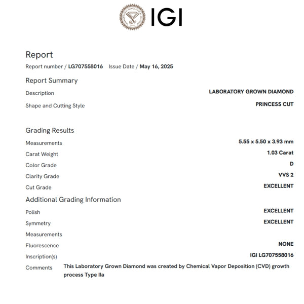 ANILLO SOLITARIO DIAMANTE CREADO 1.030 QUILATES CERTIFICADO IGI