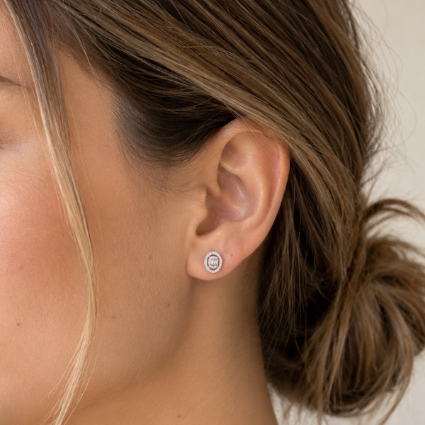 PENDIENTES HALO OVALADO DIAMANTES BRILLANTE Y BAGUETTE