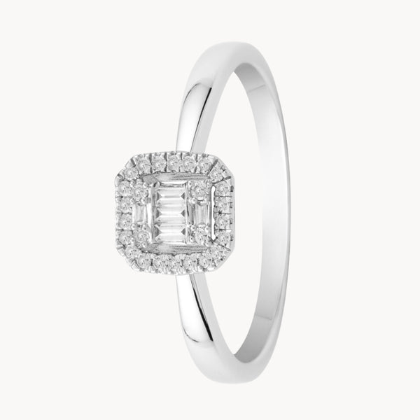 ANILLO HALO OCTOGONAL CON DIAMANTES BRILLANTE Y BAGUETTE
