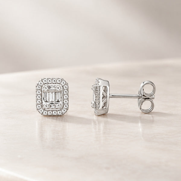 PENDIENTES HALO OCTOGONAL CON DIAMANTES BRILLANTE Y BAGUETTE