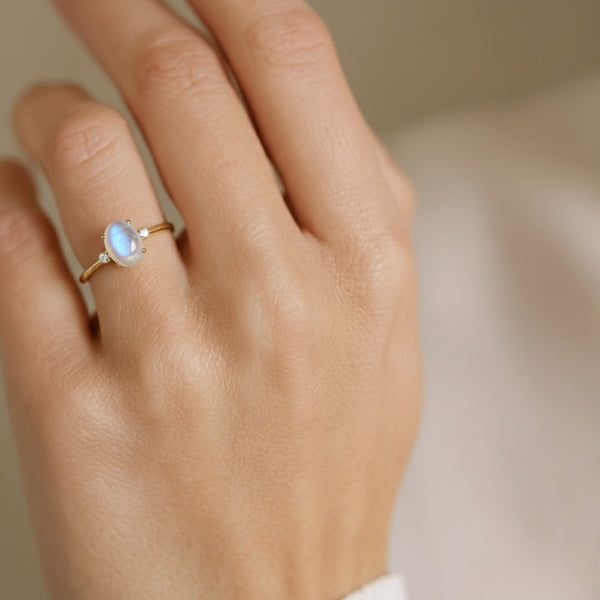 ANILLO PIEDRA LUNA Y DIAMANTES PIEDRA DE CUMPLEAÑOS JUNIO