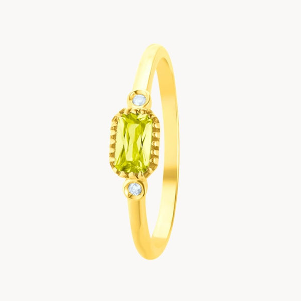 Anillo Oro 18 kilates olivino y diamantes Birthday Stone agosto