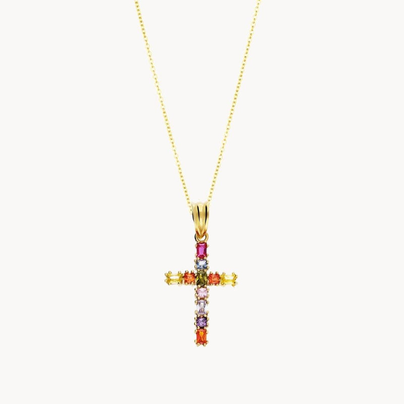 Colgante Oro 18kt cruz con circonitas de color Chantal