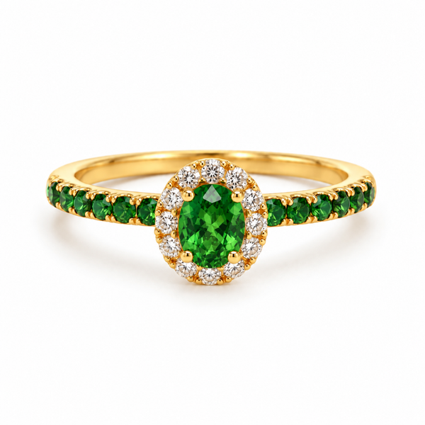 ANILLO GRANATES TSAVORITAS Y ORLA DE DIAMANTES