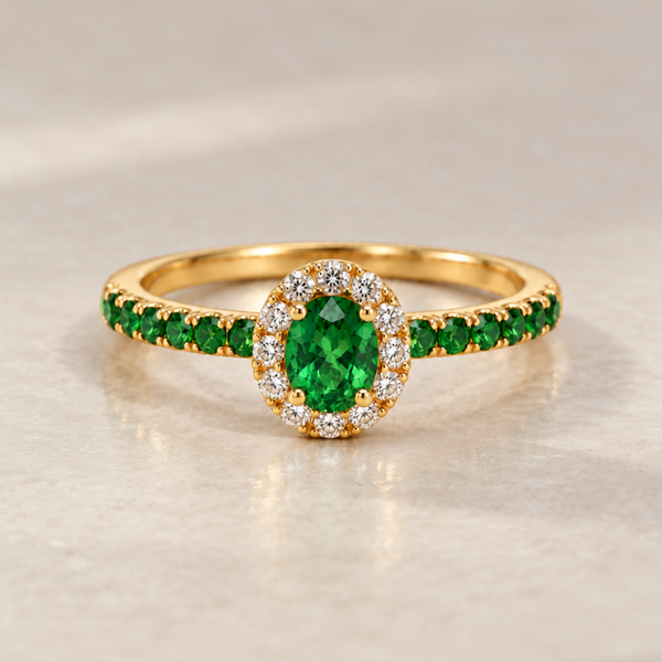 ANILLO GRANATES TSAVORITAS Y ORLA DE DIAMANTES
