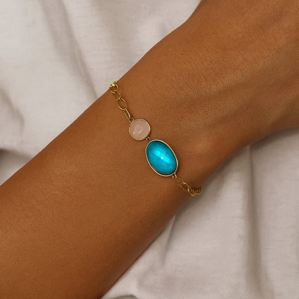 PULSERA ESLABONES CON CUARZO ROSA Y CUARZO AZUL