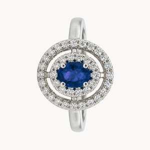 ANILLO ZAFIRO OVAL CON DOBLE HALO DE DIAMANTES
