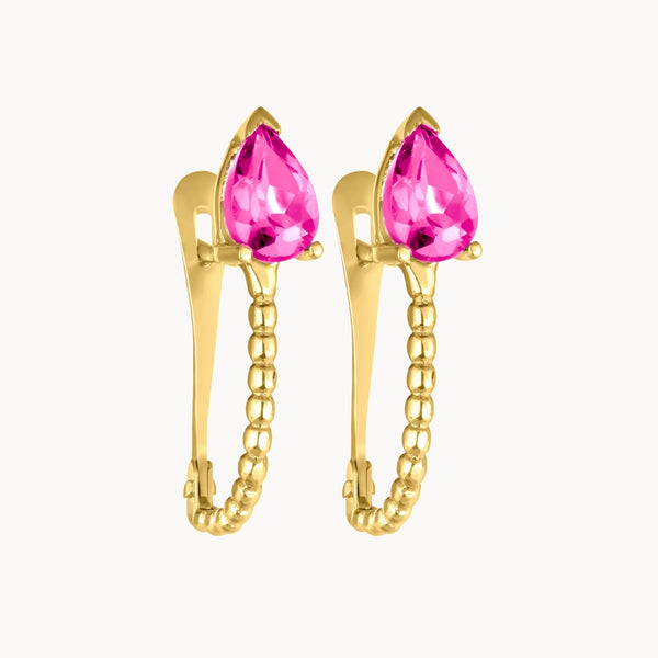 Pendientes Oro 18kt barra con bolitas y topacio rosa Aretha